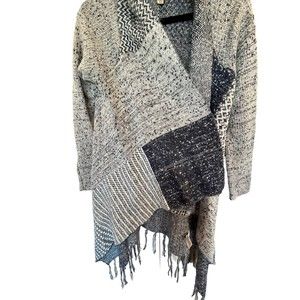 Knox Rose Fringe Cardigan Women Sweater Navy Blue White Boho Patchwork Knit Sz S